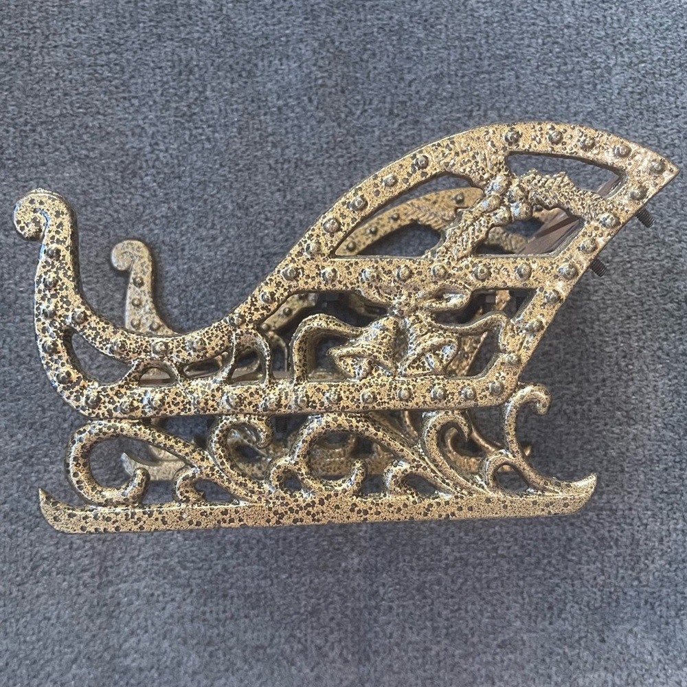 Christmas Sleigh Metal Brass Decor Gold Painted Display Holder Heavy 4.5" Tall